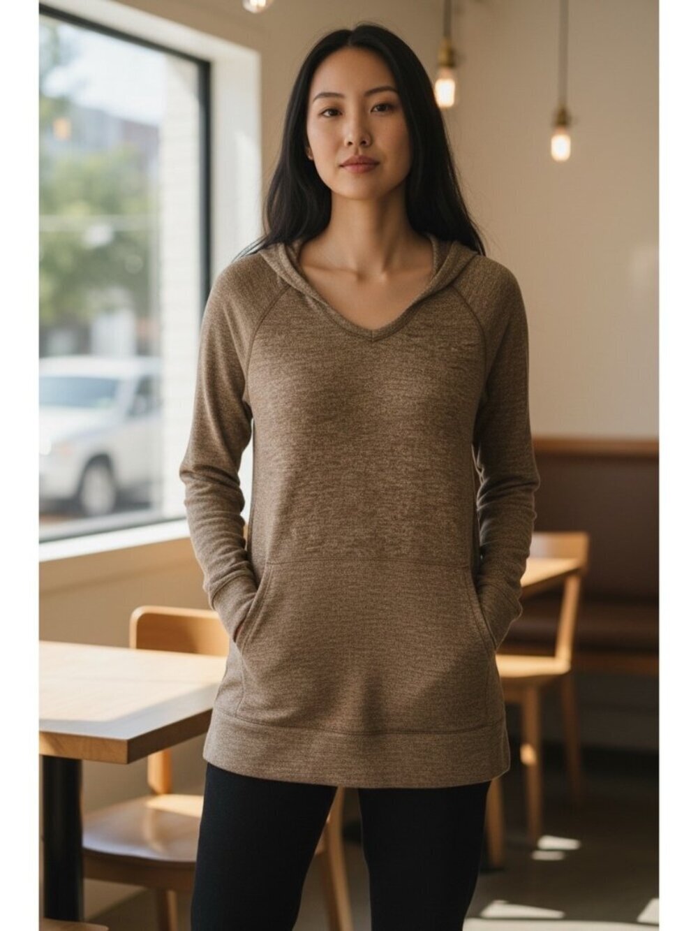Bobi Women's Brown Long Sleeve Hooded Top